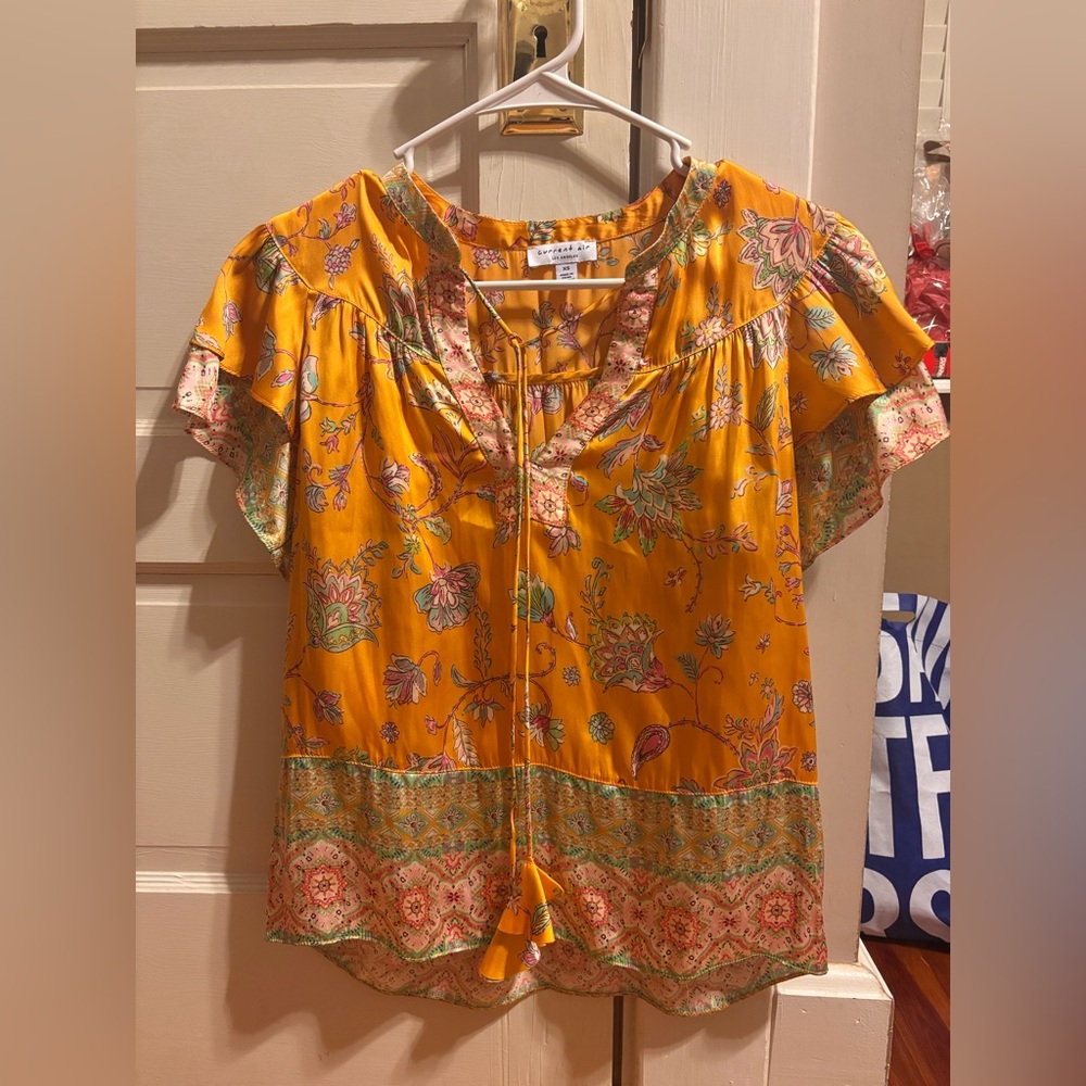 Current Air Blouse Top Ruffle Botanical Pleated XS Anthropologie preowned